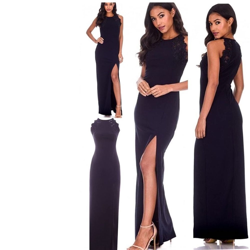 AX Paris Women's Lace Detail Maxi Dress Curvy Long High Thigh Split NAVY SIZE 8